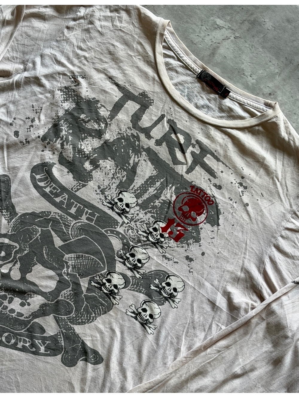 Y2K Ed Hardy White Grunge AOP Tattoo Patchwork Tee Sz XL